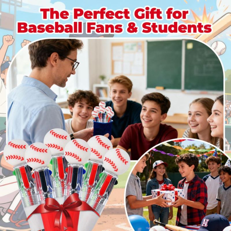Bolígrafos Zhirlyn 4‑en‑1 multicolores de béisbol - paquete de 60
