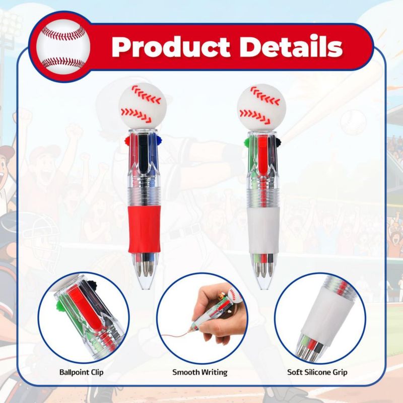 Bolígrafos Zhirlyn 4‑en‑1 multicolores de béisbol - paquete de 60
