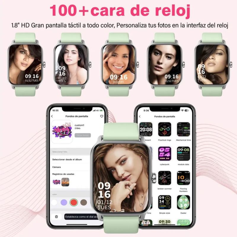 Smartwatch 1.8'' Reloj Inteligente Bluetooth Llamada Alexa Verde claro