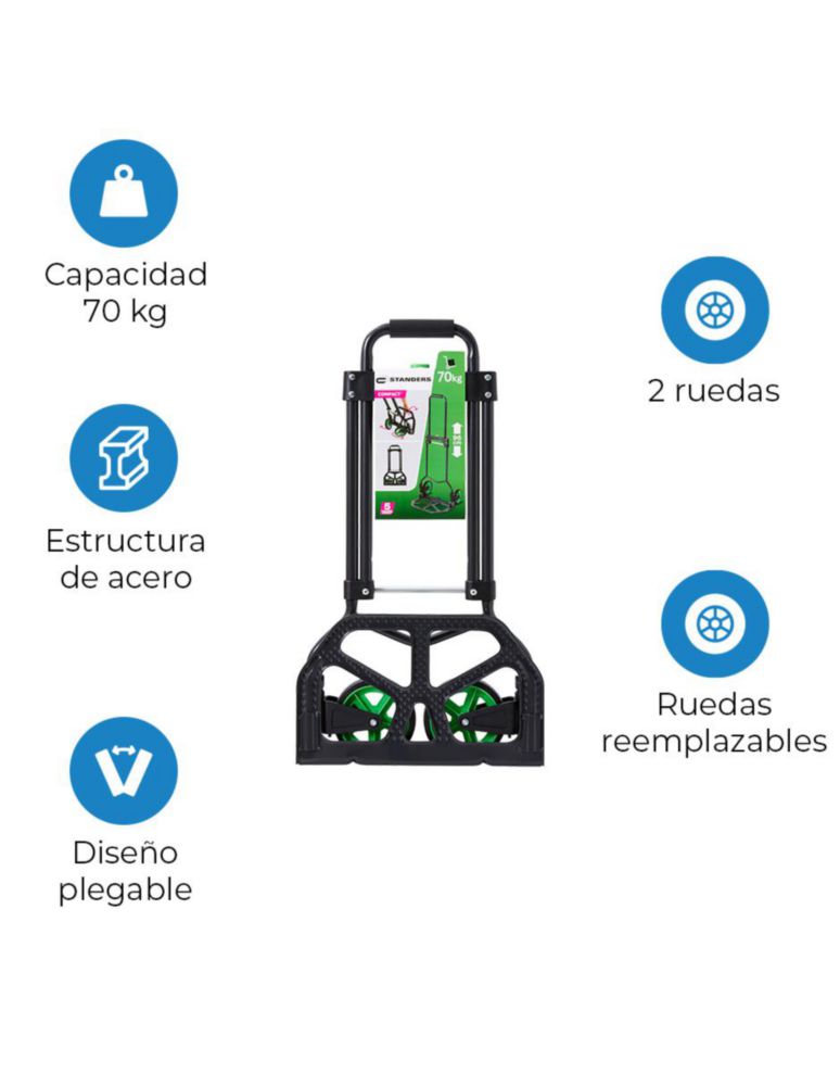 Diablito Plegable de Acero Standers Capacidad 70kg, Carrito de Carga Compacto y Ligero con Ruedas Sólidas y Mango de Espuma