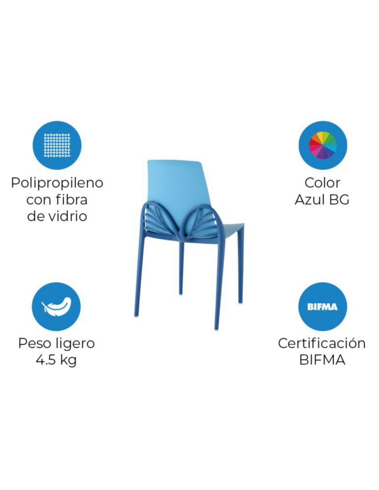 Silla de Diseño Papillon Estilo Mariposa, Estibable de Polipropileno con Protección UV para Interior y Exterior, Color Azul (Soporta 120kg)