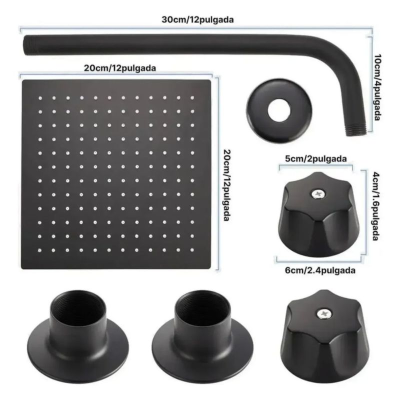Regadera Cuadrada 20 cm Negra Con Tubo 50 cm Y Manerales Negro