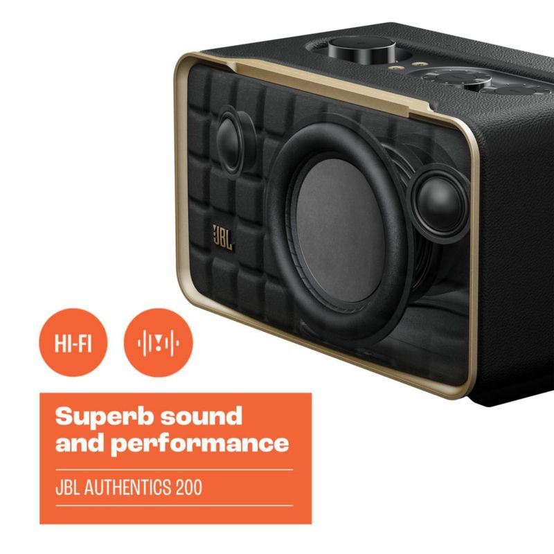 Altavoz doméstico inteligente JBL Authentics 200 de estilo retro blanco/dorado