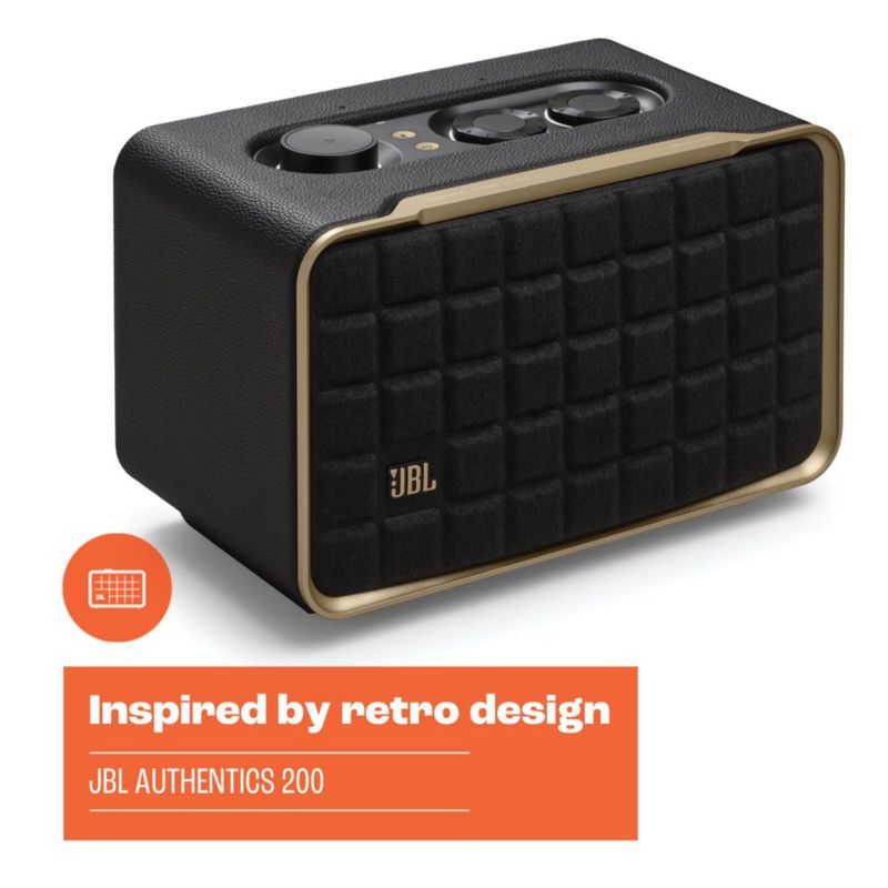 Altavoz doméstico inteligente JBL Authentics 200 de estilo retro blanco/dorado