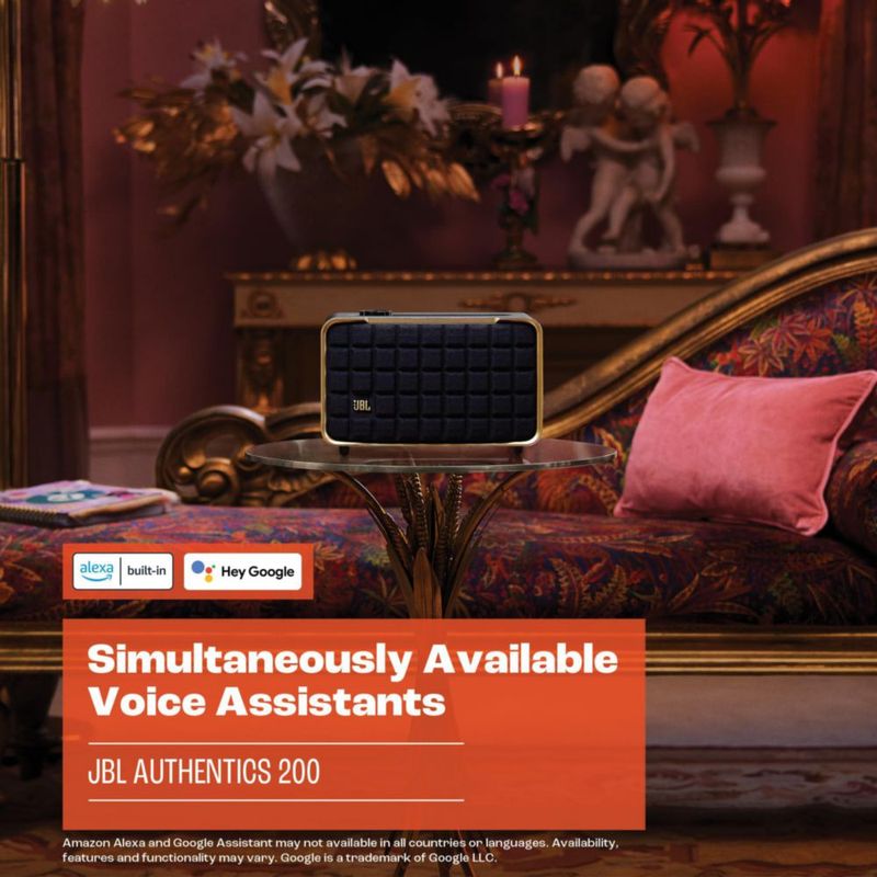 Altavoz doméstico inteligente JBL Authentics 200 de estilo retro blanco/dorado