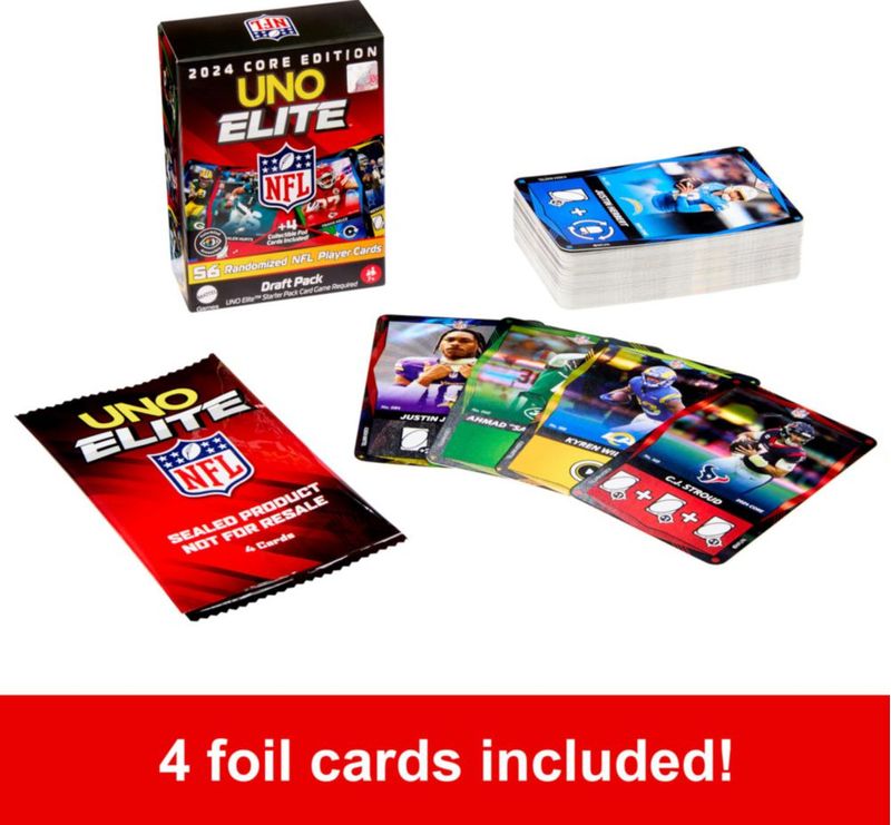 Juego de cartas Mattel Games UNO Elite NFL Draft con 4 cartas floreadas