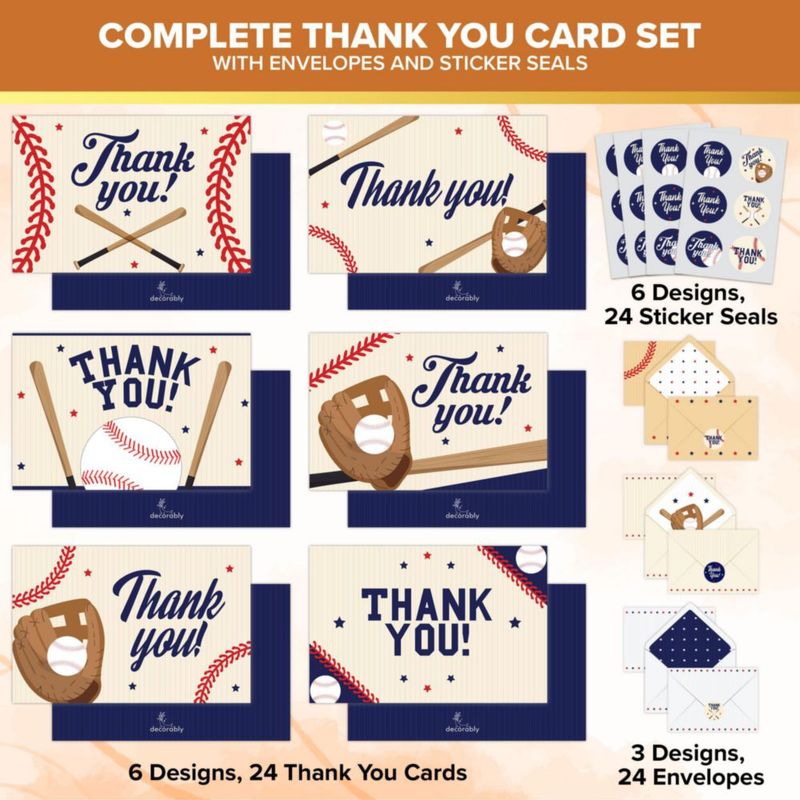 Tarjetas de agradecimiento Decorably 6x4 pulgadas – Pack de 24 tema béisbol