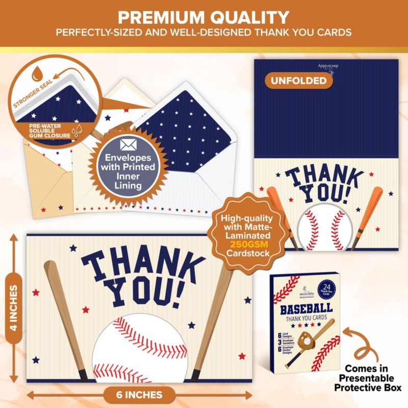Tarjetas de agradecimiento Decorably 6x4 pulgadas – Pack de 24 tema béisbol
