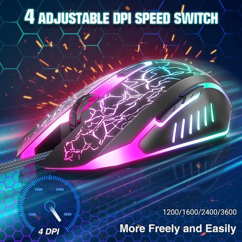 Ratón para juegos BENGOO Ergonómico RGB 3600 DPI con cable - Negro