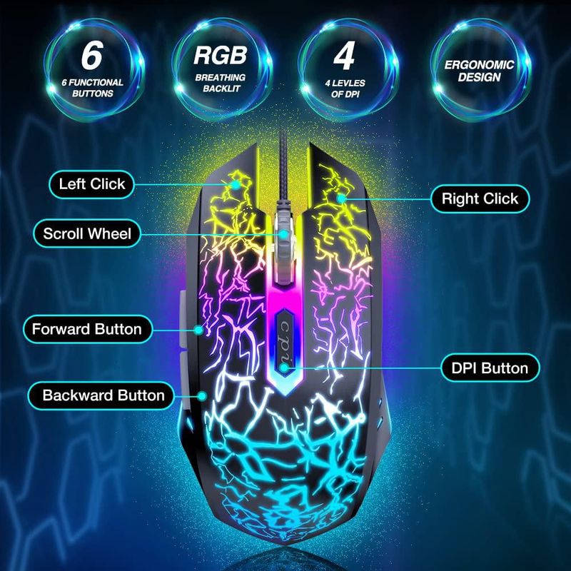Ratón para juegos BENGOO Ergonómico RGB 3600 DPI con cable - Negro