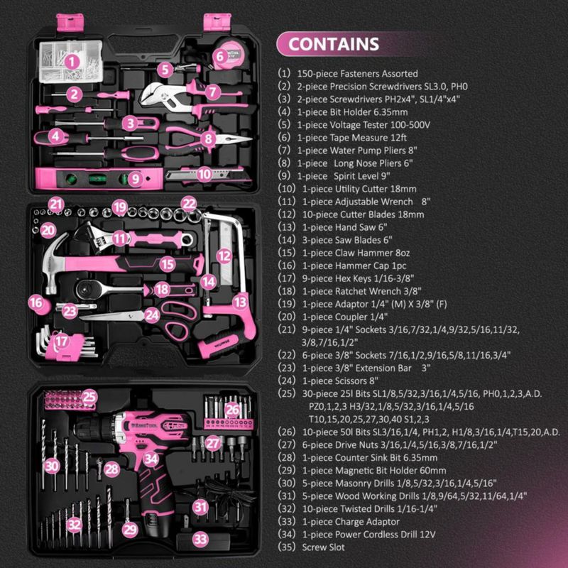 Juego de Herramientas KingTool 276 Piezas Taladro Inalámbrico 12V Rosa