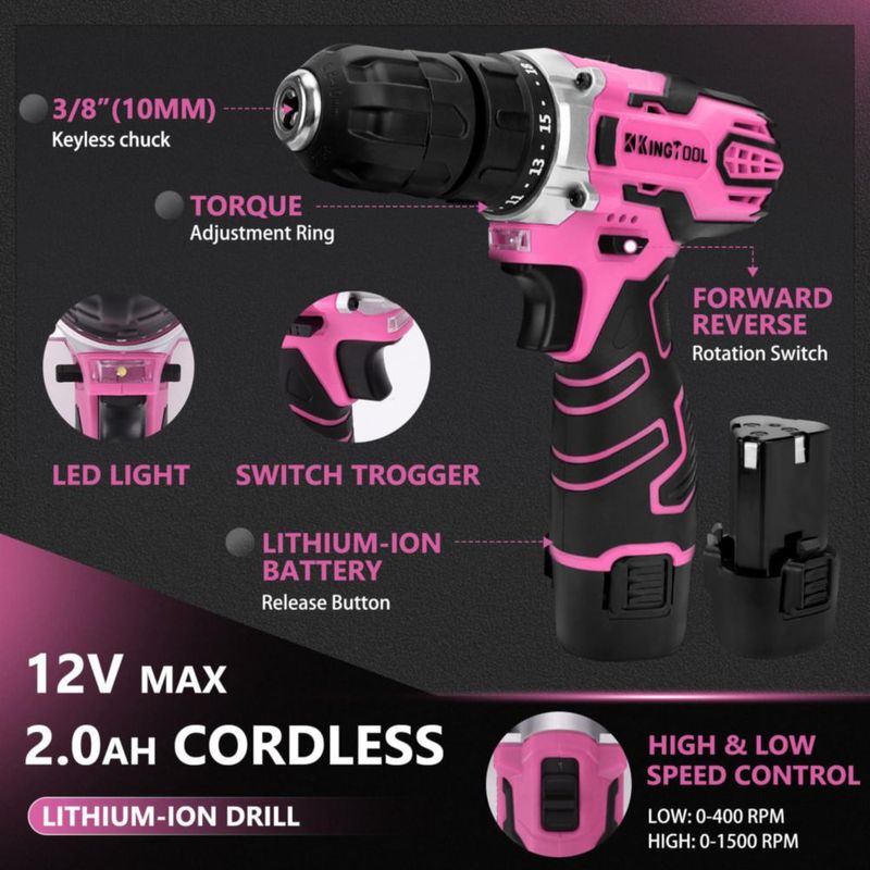 Juego de Herramientas KingTool 276 Piezas Taladro Inalámbrico 12V Rosa