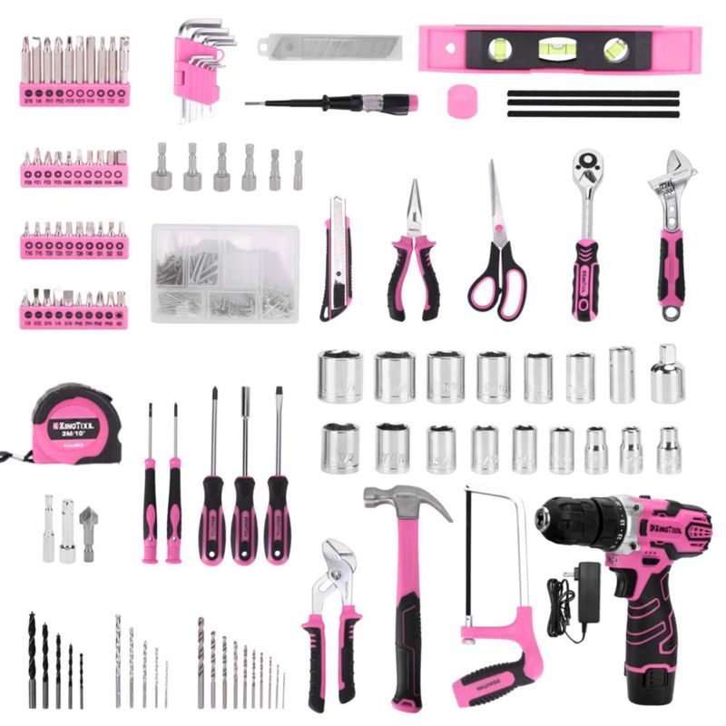 Juego de Herramientas KingTool 276 Piezas Taladro Inalámbrico 12V Rosa