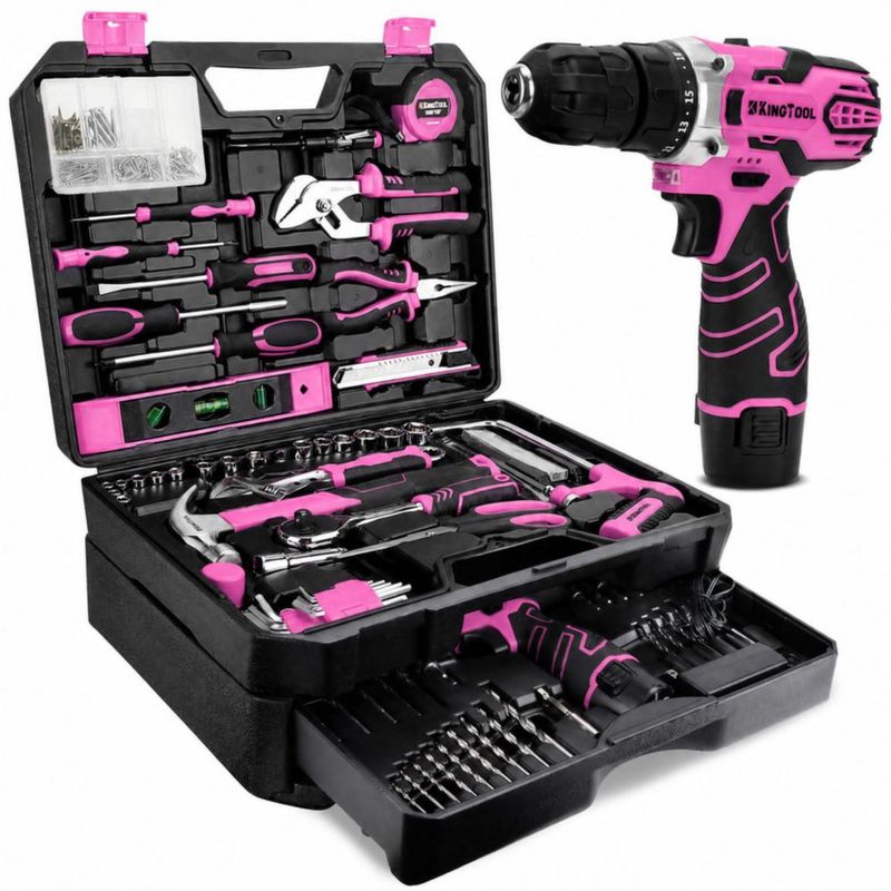 Juego de Herramientas KingTool 276 Piezas Taladro Inalámbrico 12V Rosa