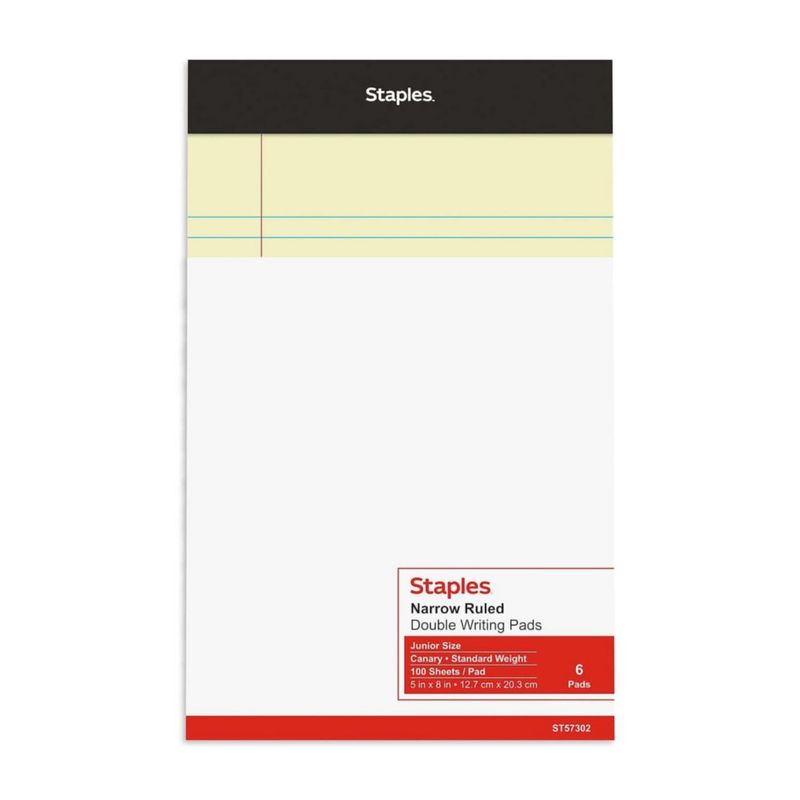 Bloc de notas STAPLES 5 x 8 cm doble con rayas estrechas 100 hojas paquete de 6