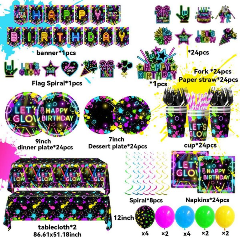 Pack de Decoración para Fiesta HAKOTI – Sirve a 24 Personas – Tema Neón