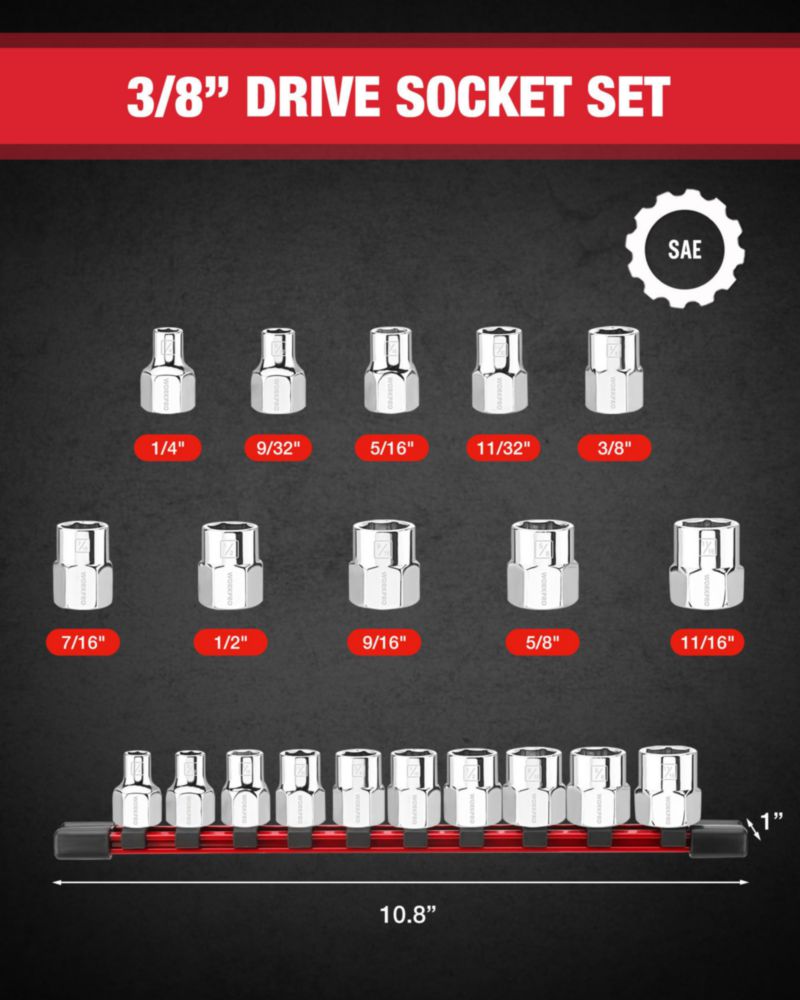 Juego de vasos WORKPRO 3/8" 10 piezas organizador de cromo‑vanadio