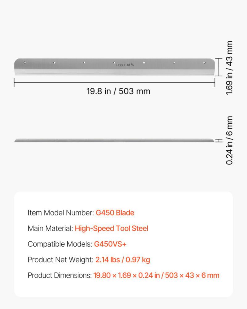 Cuchilla de repuesto VEVOR 503 × 43 × 6 mm de acero para cortadora eléctrica de papel G450VS+
