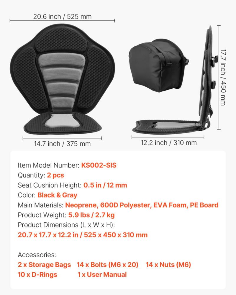 Asiento para kayak VEVOR – Pack de 2 con soporte lumbar de 13 cm