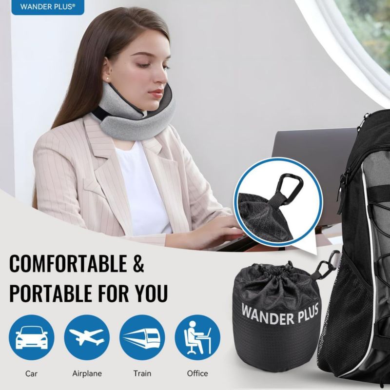 Almohada de viaje WANDER+ de espuma viscoelástica azul ergonómica