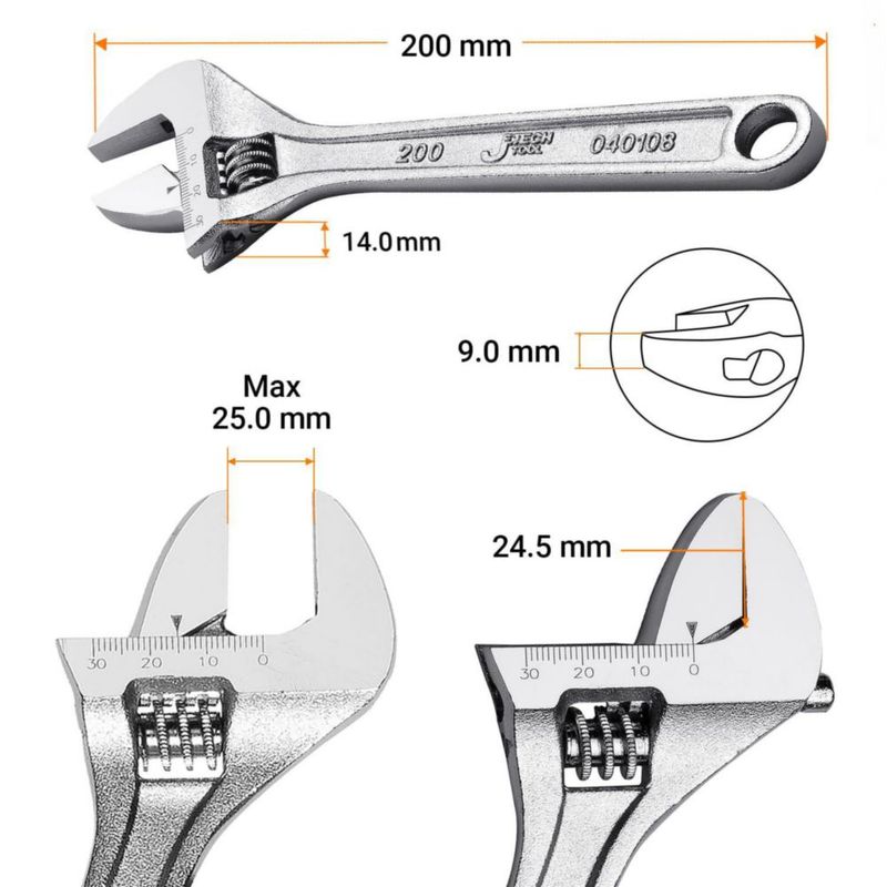 LLAVE AJUSTABLE Jetech 20 cm Acero Cromo‑Vanadio Métrico