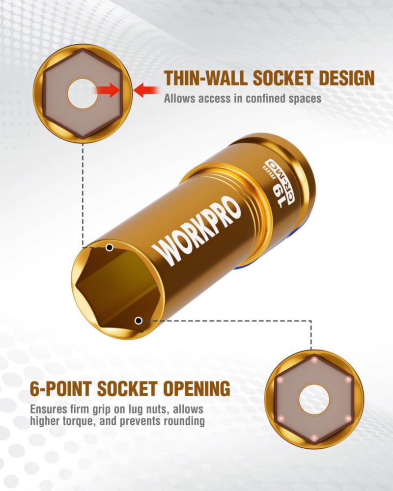 Cubo de impacto WORKPRO 19 mm 1/2" de tracción para huecos profundos