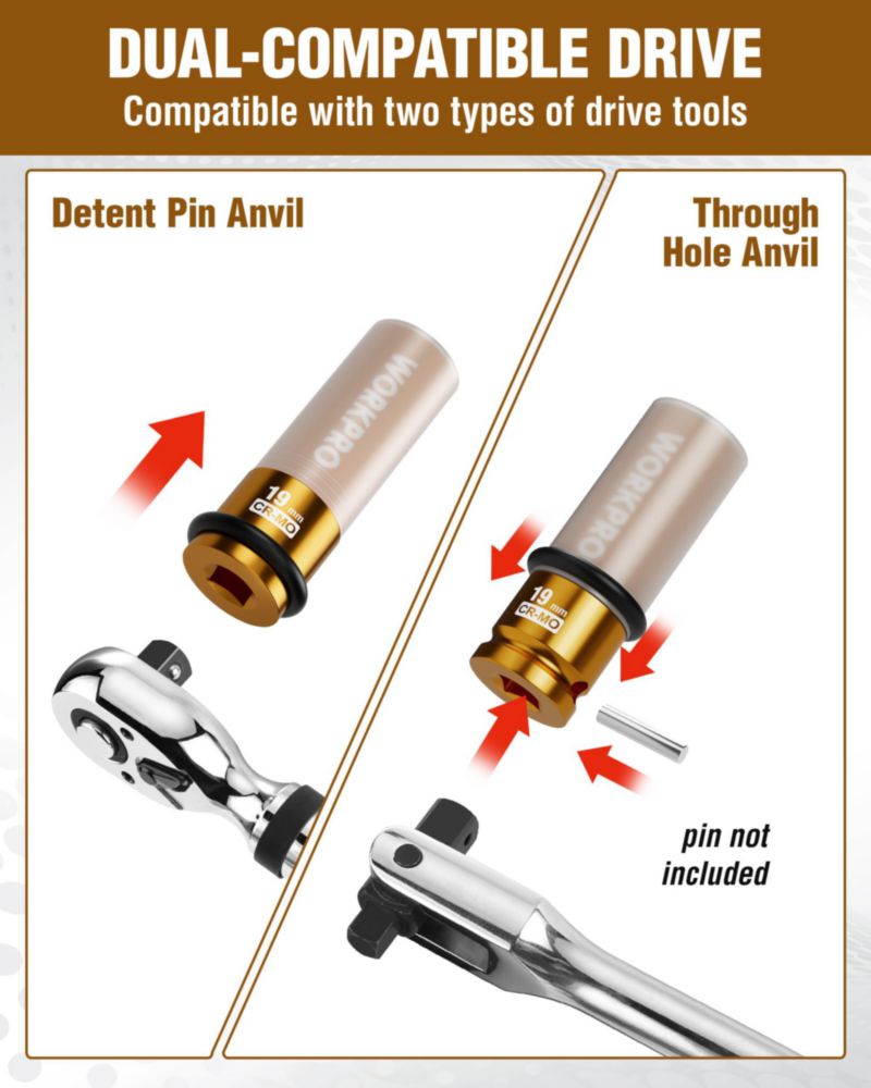 Cubo de impacto WORKPRO 19 mm 1/2" de tracción para huecos profundos