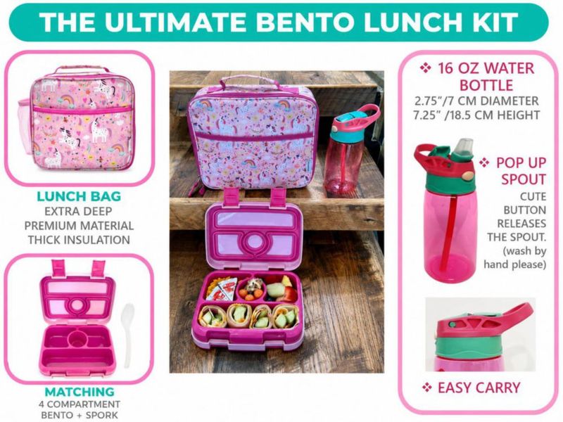 Juego Bento Box kinsho 700 ml Unicornio Rosa con Bolsa y Botella