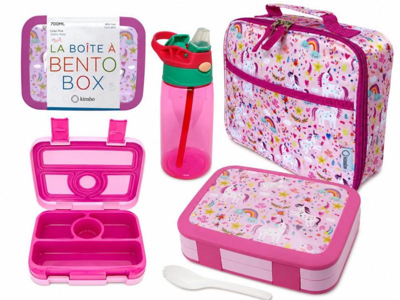 Juego Bento Box kinsho 700 ml Unicornio Rosa con Bolsa y Botella