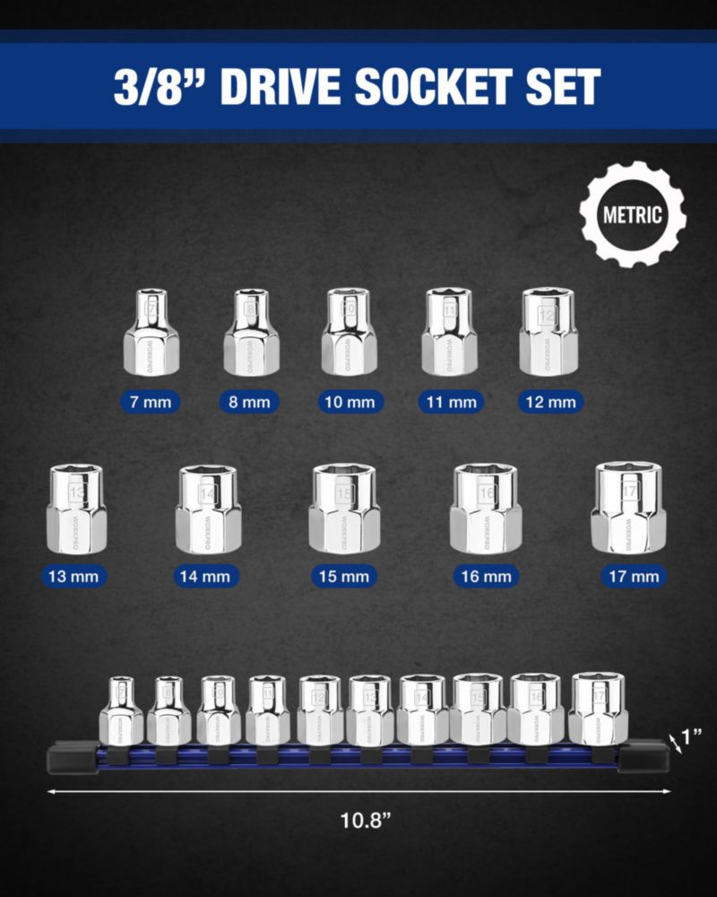 Juego de vasos métricos WORKPRO 3/8" 10 piezas Cr‑V