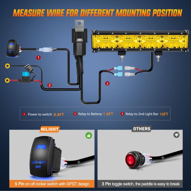 Barra de luz LED Nilight 30 cm amarilla con kit de cableado