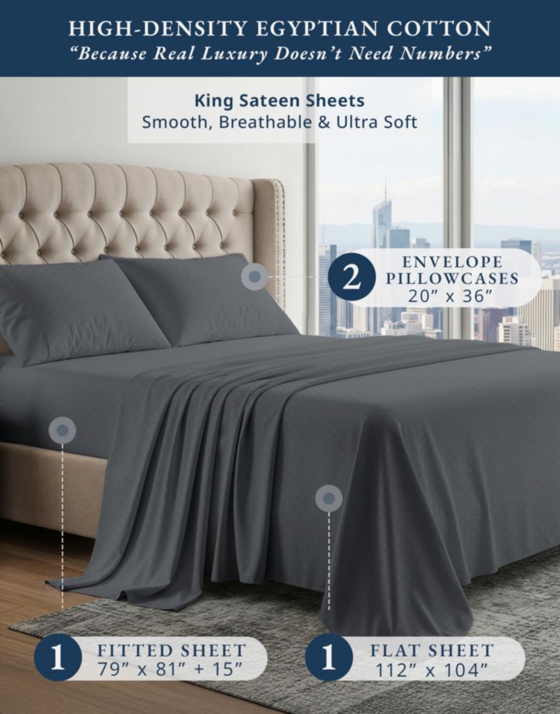 Juego de sábanas LANE LINEN King Satén Gris Carbón con Punto Suizo