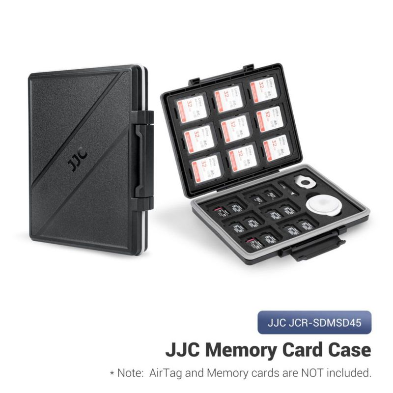 Estuche para tarjetas de memoria JJC de 45 ranuras con ranura para AirTag y resistente al agua