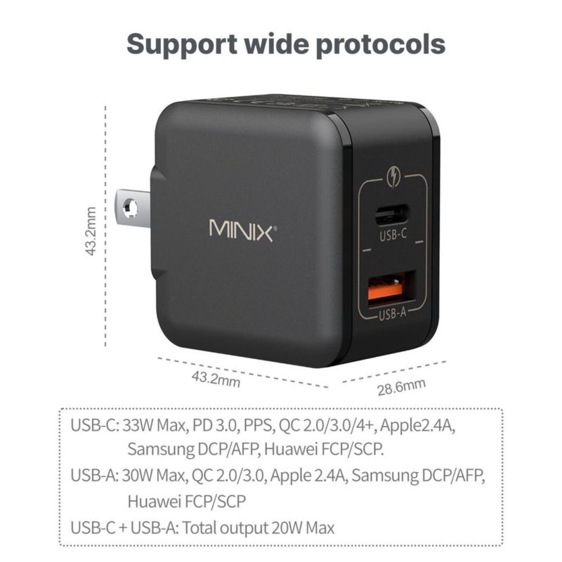 Cargador USB MINIX P1 30W GaN de 2 puertos plegable
