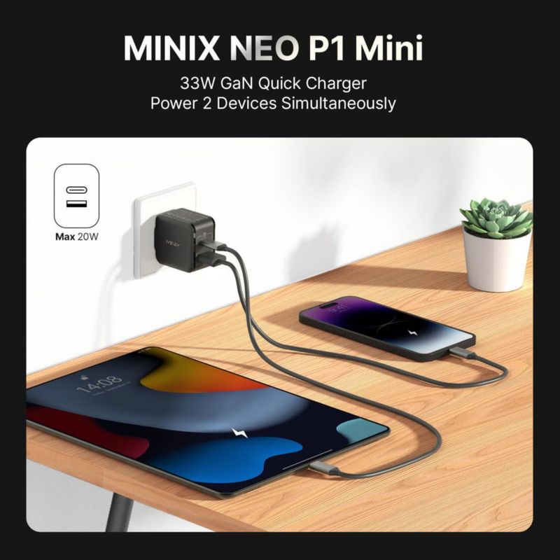 Cargador USB MINIX P1 30W GaN de 2 puertos plegable