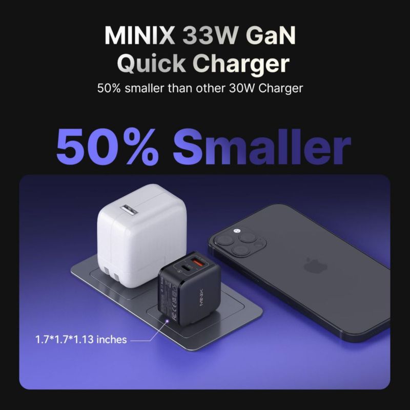 Cargador USB MINIX P1 30W GaN de 2 puertos plegable