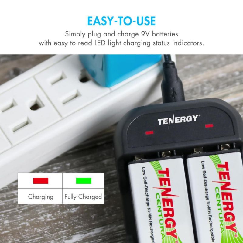 Cargador de Baterías Tenergy 9V de 2 Ranuras Inteligente + 4 Baterías