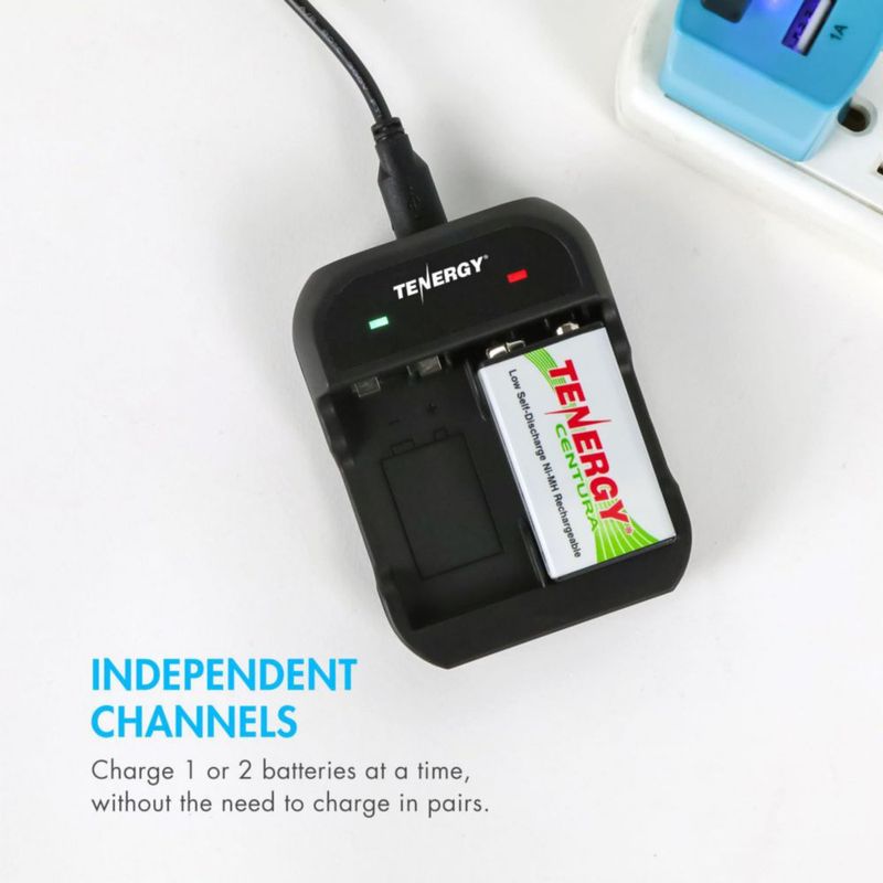 Cargador de Baterías Tenergy 9V de 2 Ranuras Inteligente + 4 Baterías