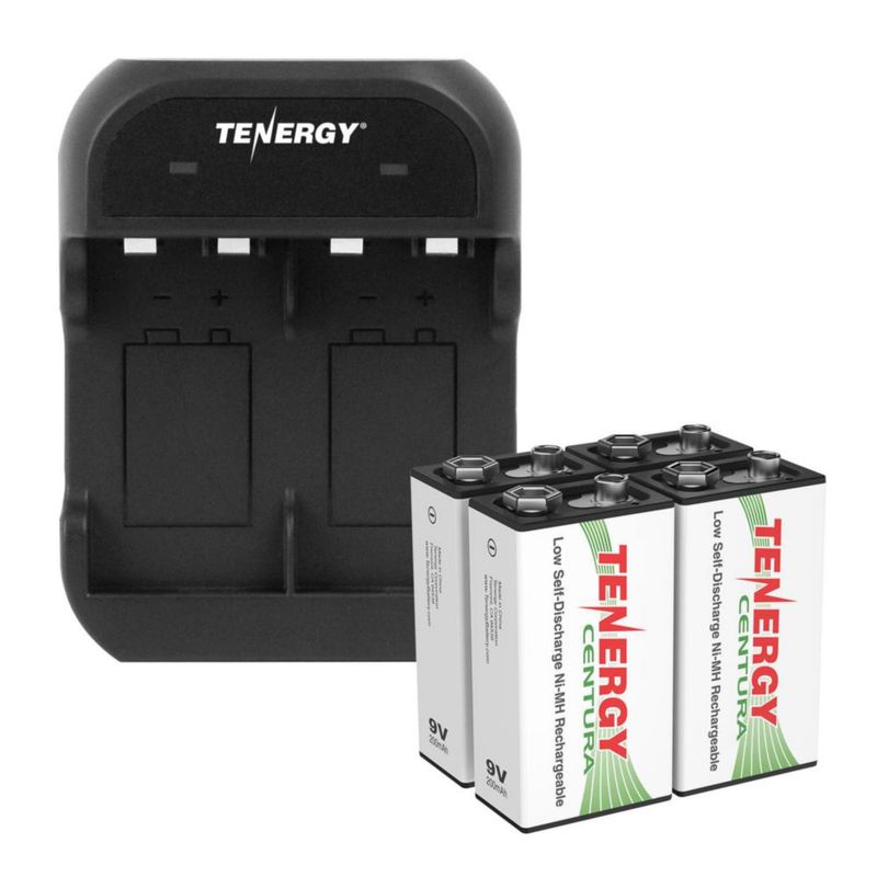 Cargador de Baterías Tenergy 9V de 2 Ranuras Inteligente + 4 Baterías