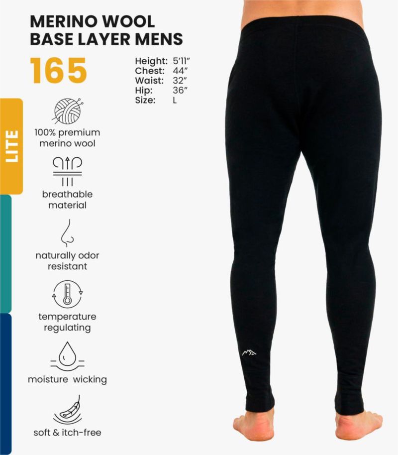 PANTALONES Merino.tech Grande 165 Negro Capa Base de Lana Merino