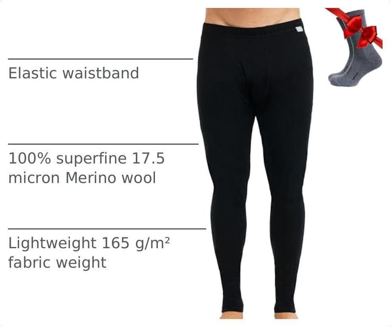 PANTALONES Merino.tech Grande 165 Negro Capa Base de Lana Merino