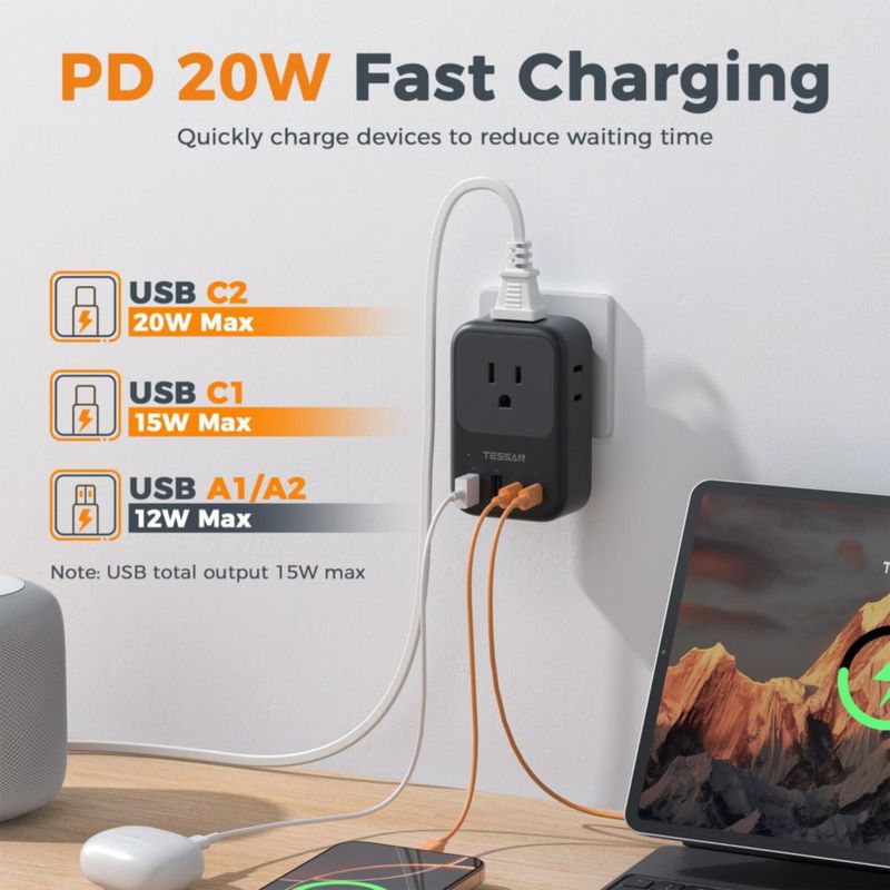 Cargador USB TESSAN 20W PD con enchufe plegable