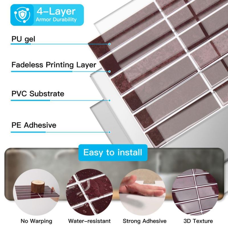 Revestimiento Art3d tipo subway 10 unidades 29 × 23 cm Borgoña oscuro