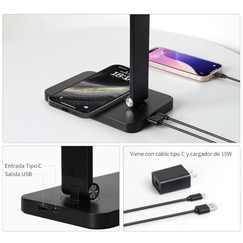 Lámpara de Escritorio LED Negra con Carga Inalámbrica y USB