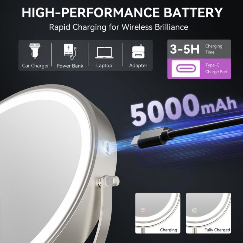 Espejo de Maquillaje Auxmir 23 cm 1X/30X con Luz y Batería de 5000 mAh