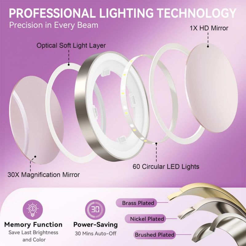 Espejo de Maquillaje Auxmir 23 cm 1X/30X con Luz y Batería de 5000 mAh