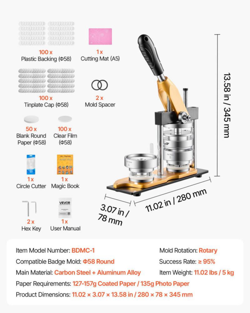 Máquina Fabricadora de Botones VEVOR 58 mm Molde de Acero y 100 Piezas