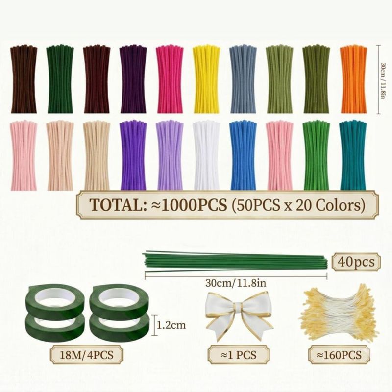 Kit de Tallos de Chenille 1000 piezas 20 colores 30 cm Terciopelo