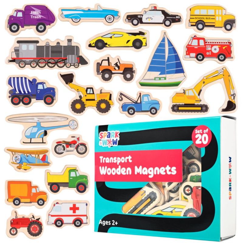 Juego de 20 imanes de madera SPARK & WOW Transport para niños mayores de 20 años