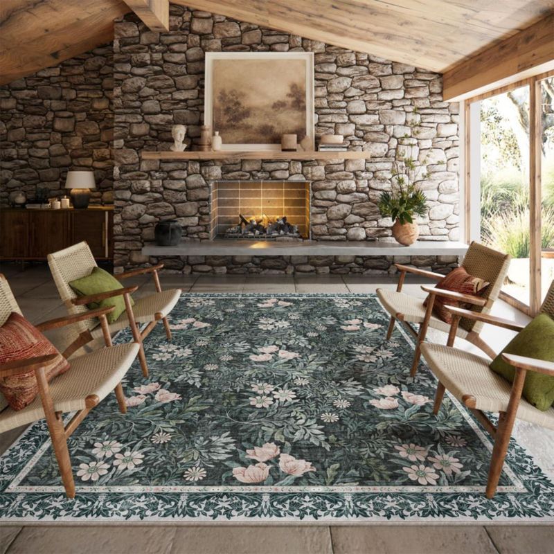 Alfombra Baksham 254x203 cm Verde Claro Floral Lavable
